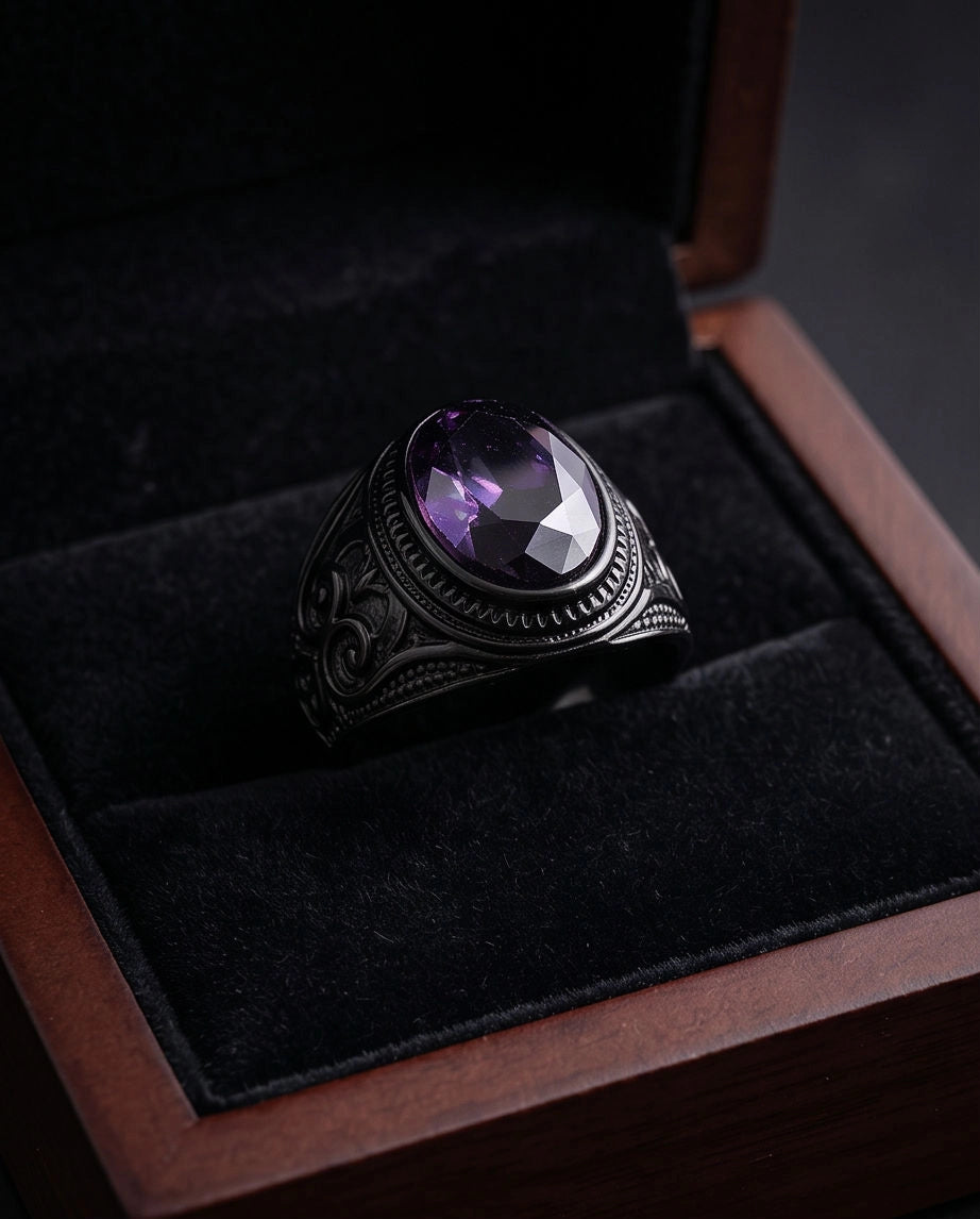 Matte Black Oval Amethyst Scroll Signet Ring