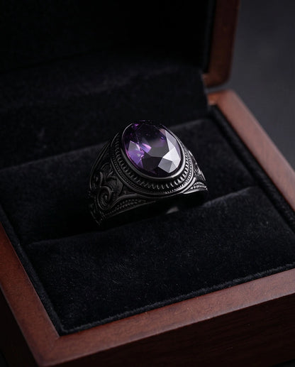 Matte Black Oval Amethyst Scroll Signet Ring