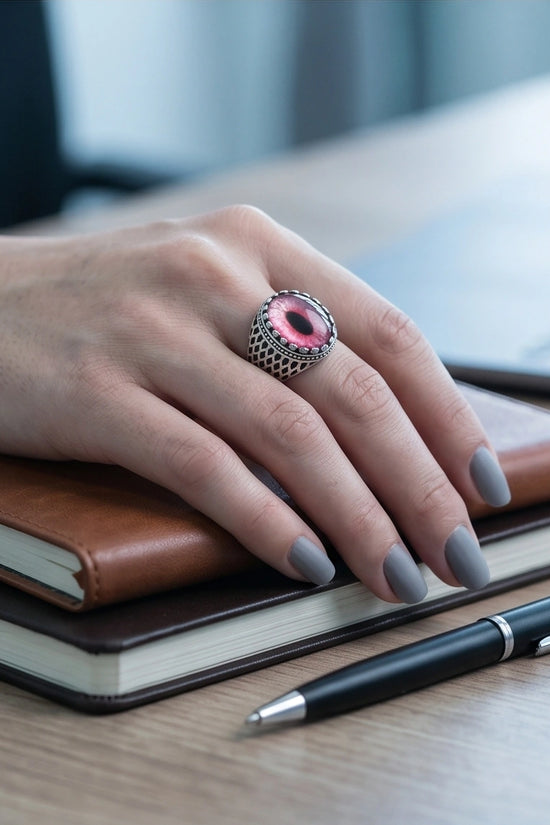 Vintage Sterling Silver Gothic Pink Eclipse Eye Ring