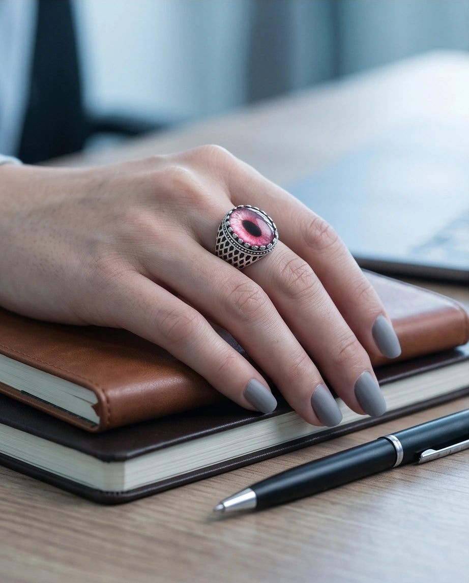Vintage Sterling Silver Gothic Pink Eclipse Eye Ring