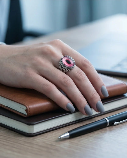 Vintage Sterling Silver Gothic Pink Eclipse Eye Ring