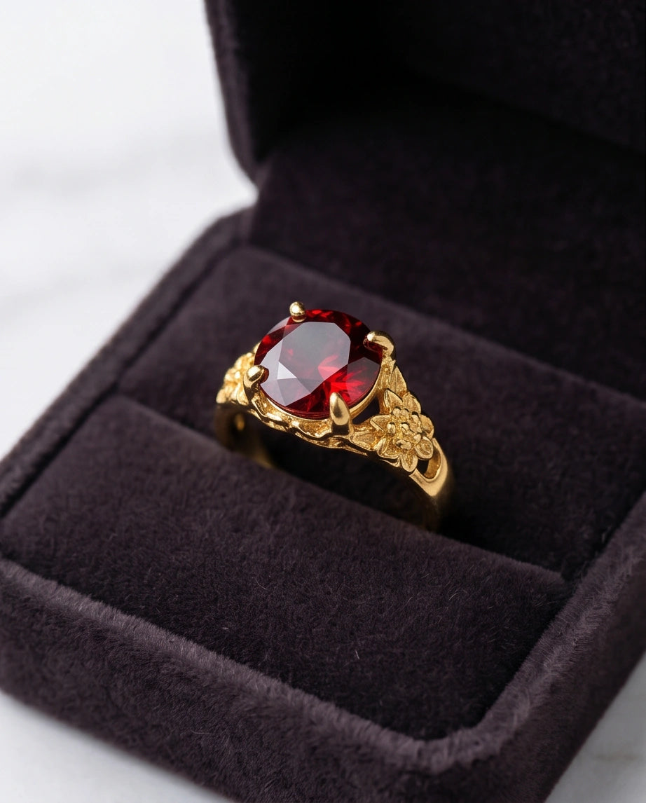 Golden Crimson Botanical Blossom Ring