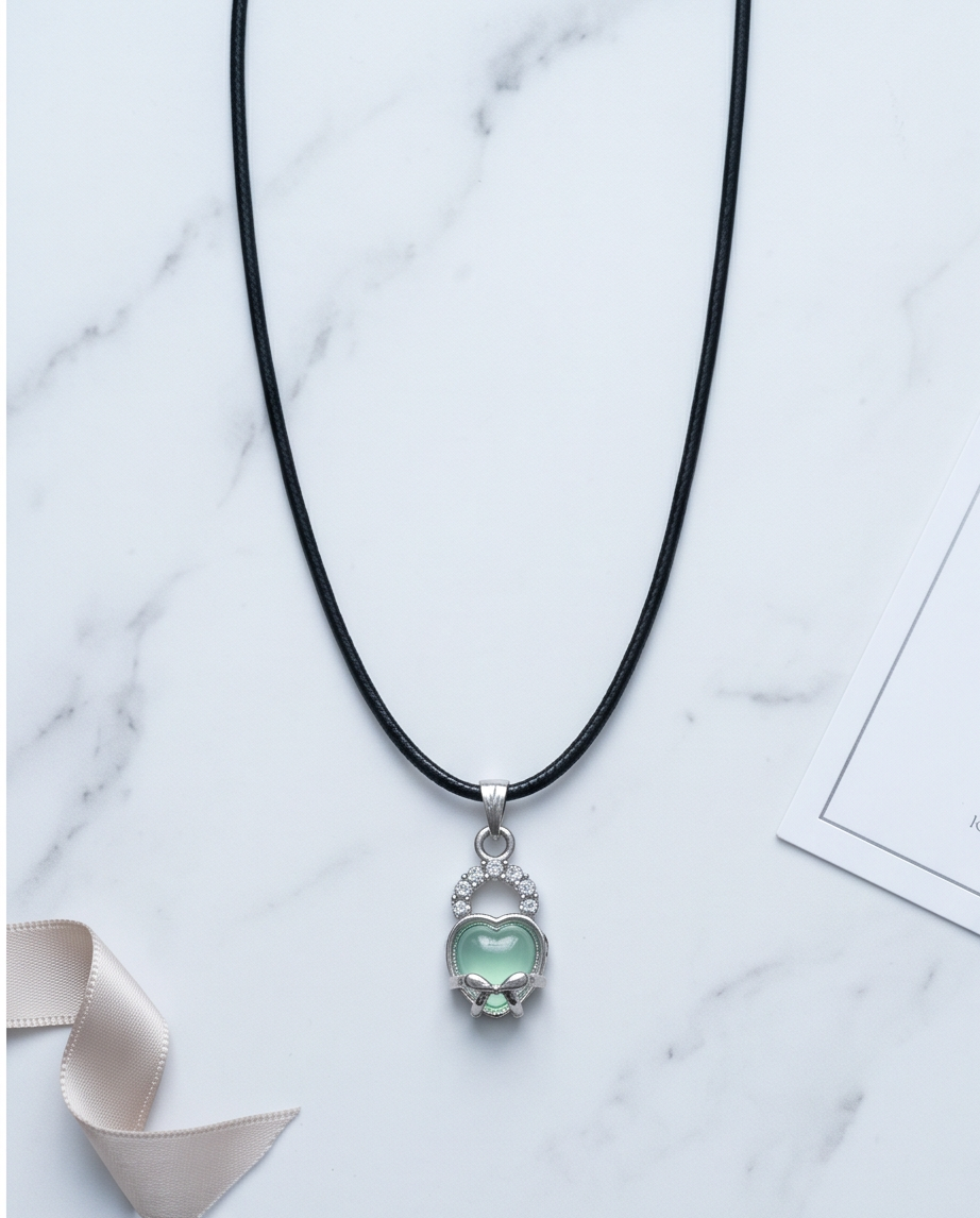 Green Heart Bow Lock Pendant Necklace