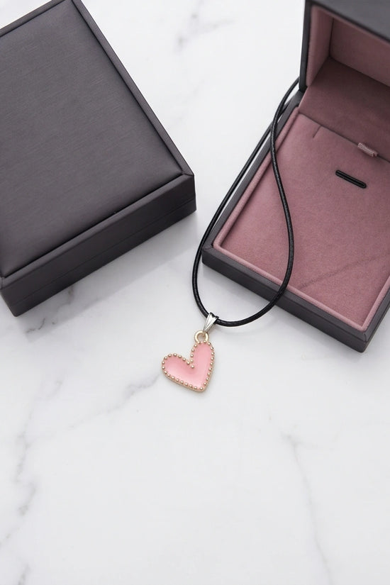 Pink Beaded-Edge Heart Enamel Pendant Necklace