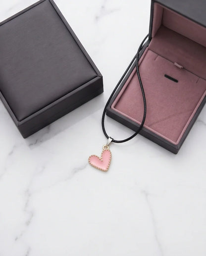Pink Beaded-Edge Heart Enamel Pendant Necklace