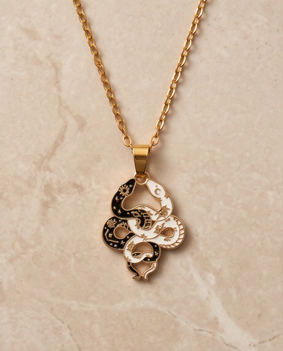 Gold Dual Serpent Celestial Enamel Pendant Necklace