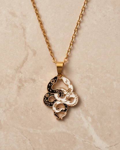 Gold Dual Serpent Celestial Enamel Pendant Necklace