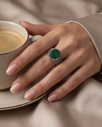 Malachite-Style Oval Cabochon Crown Bezel Chevron Stippled Silver Ring