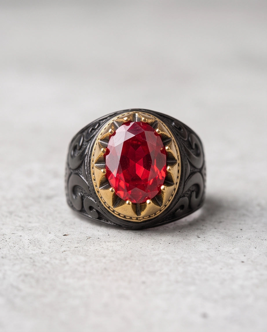 Celestial Crimson Sunburst Signet Ring