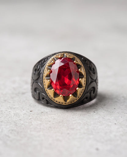Celestial Crimson Sunburst Signet Ring