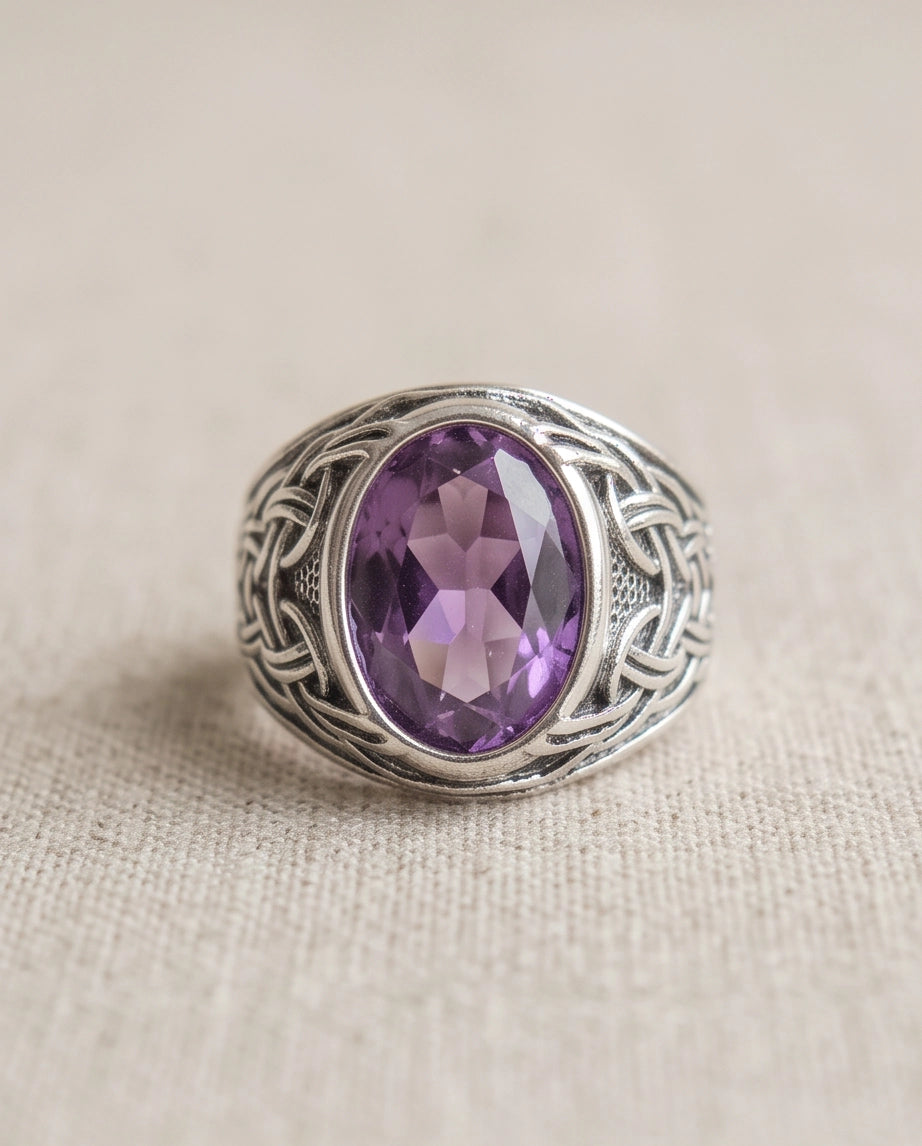 Amethyst Gemstone Celtic Knotwork Silver Ring