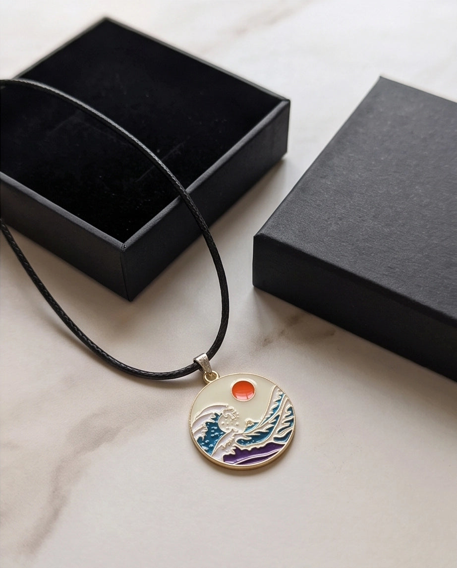 Great Wave & Sun Medallion Pendant Necklace