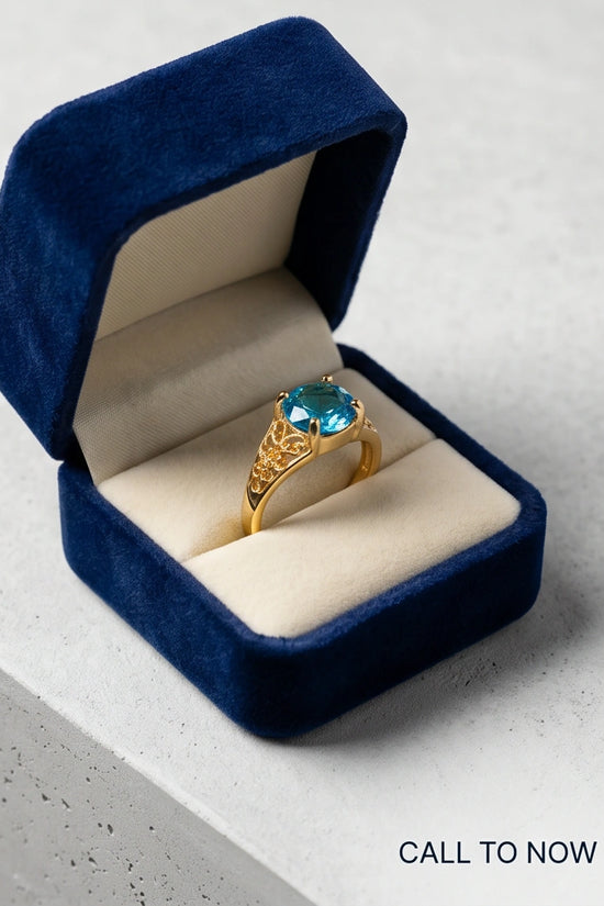 Golden Aquamarine Azure Filigree Ring