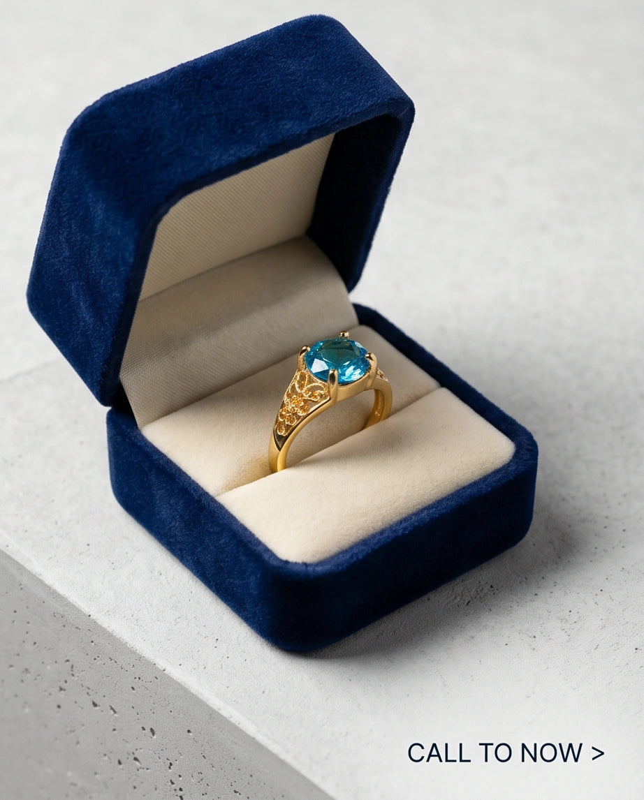 Golden Aquamarine Azure Filigree Ring
