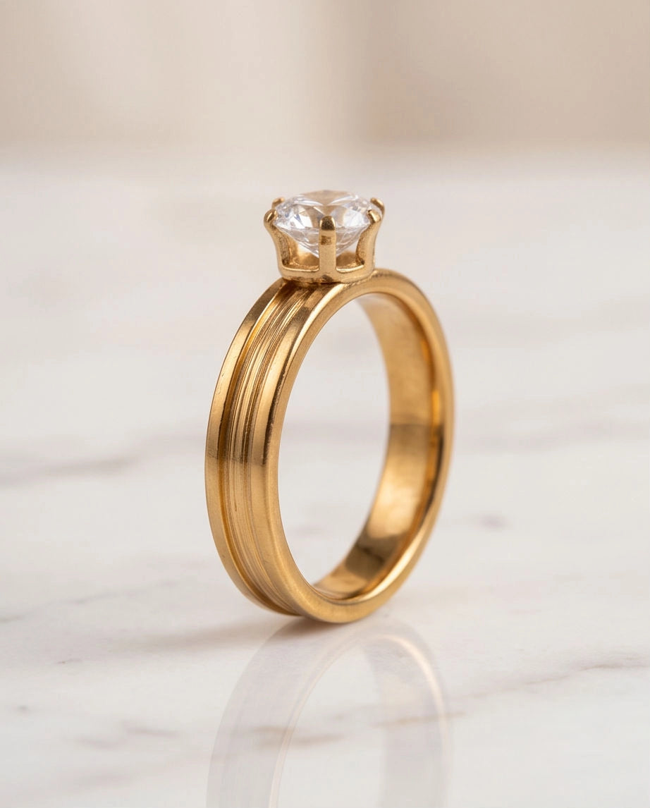 Gold Round Gemstone Grooved Solitaire Ring