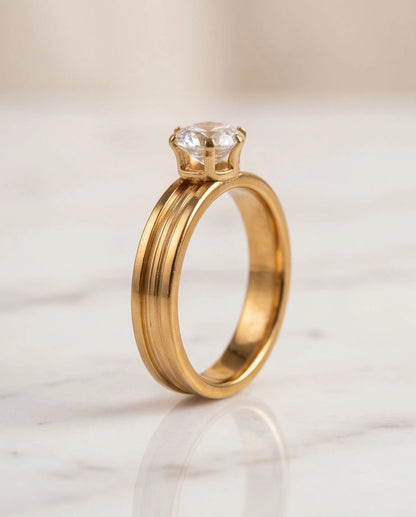 Gold Round Gemstone Grooved Solitaire Ring