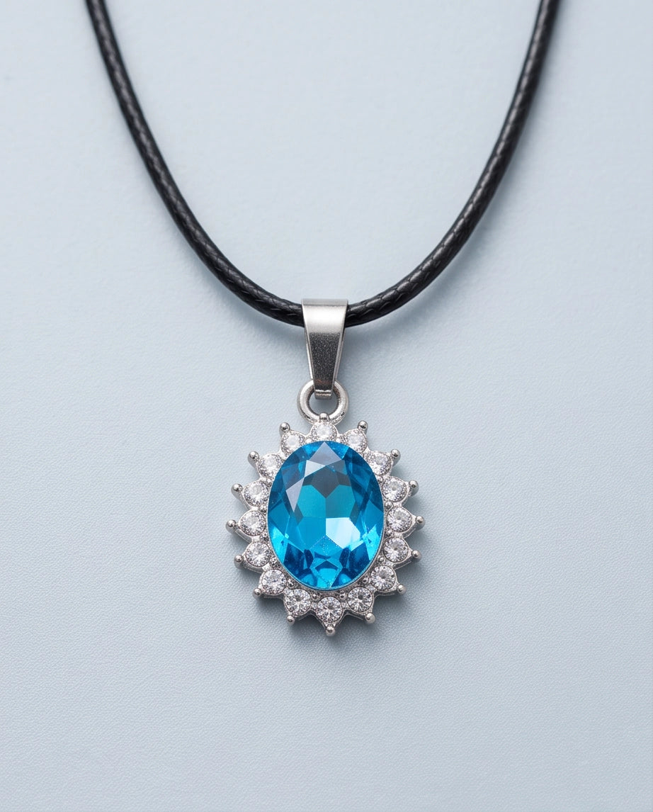 Silver Aquamarine Blue Oval Halo Medallion Pendant Necklace