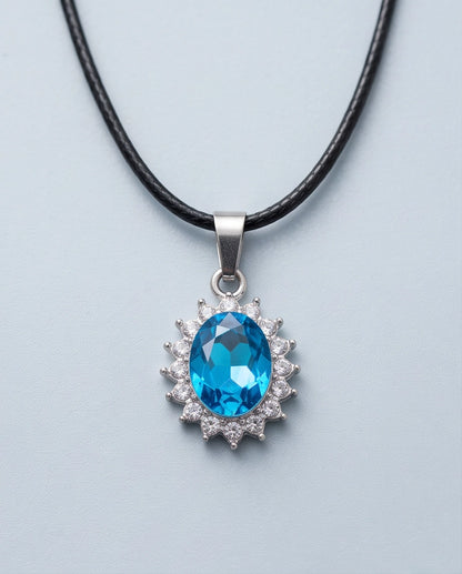 Silver Aquamarine Blue Oval Halo Medallion Pendant Necklace