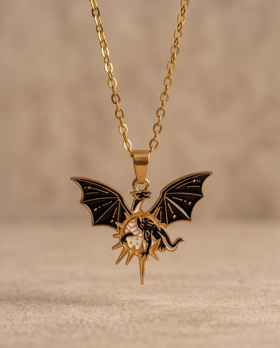 Gold Celestial Winged Dragon Enamel Pendant Necklace