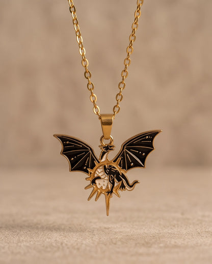 Gold Celestial Winged Dragon Enamel Pendant Necklace