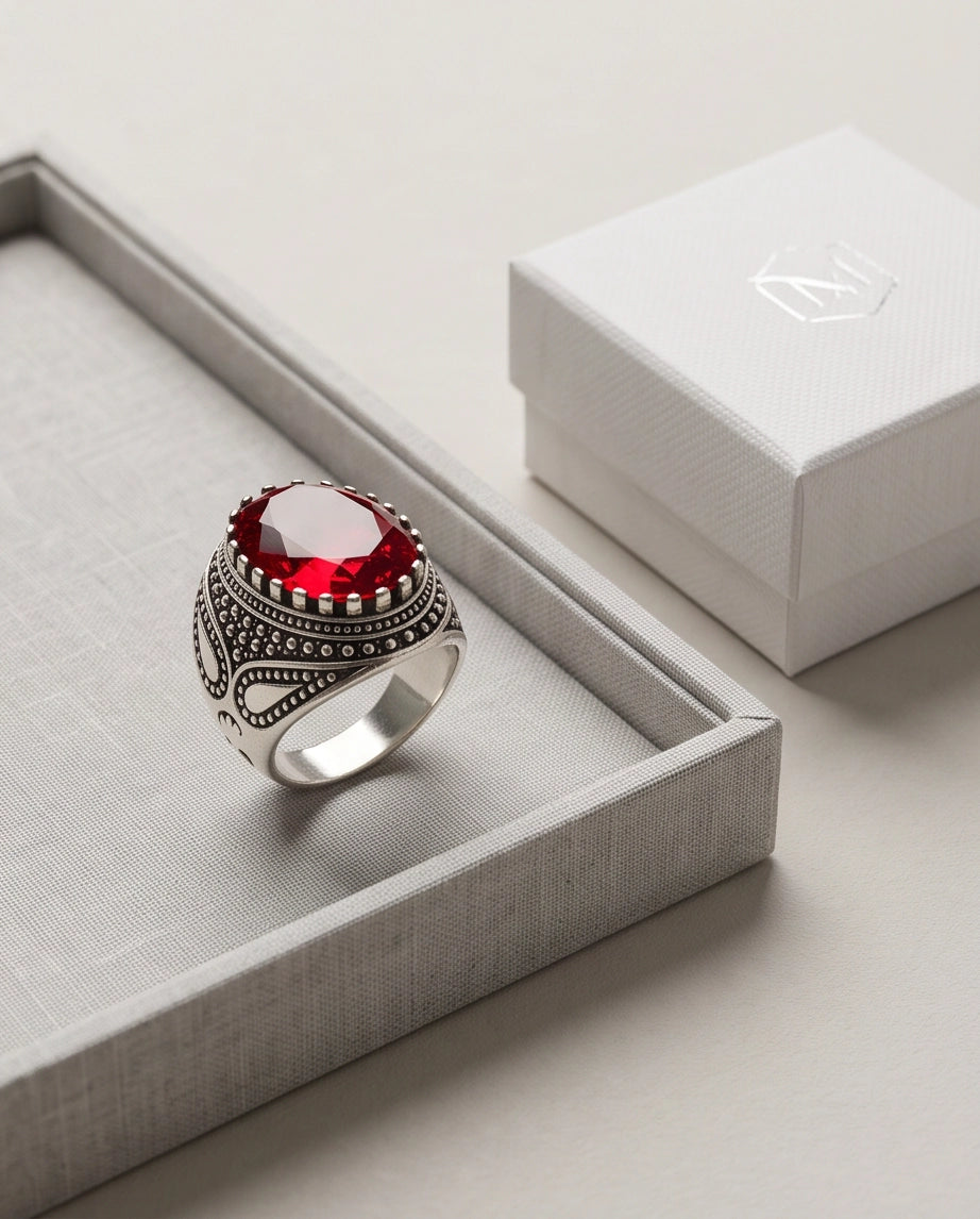 Ruby Gemstone Crown Prong Bezel Teardrop Filigree Silver Ring