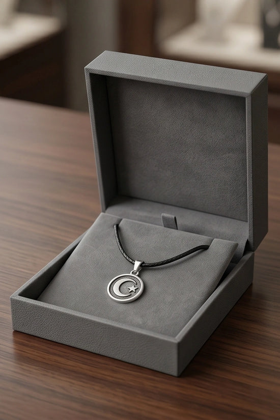 Silver Crescent Moon and Star Necklace