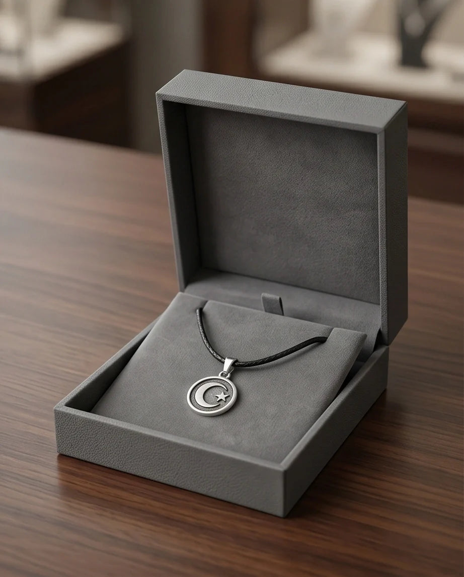 Silver Crescent Moon and Star Necklace