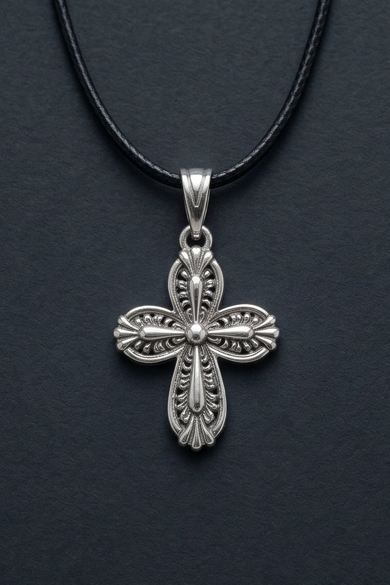 Silver Textured Petal Cross Necklace