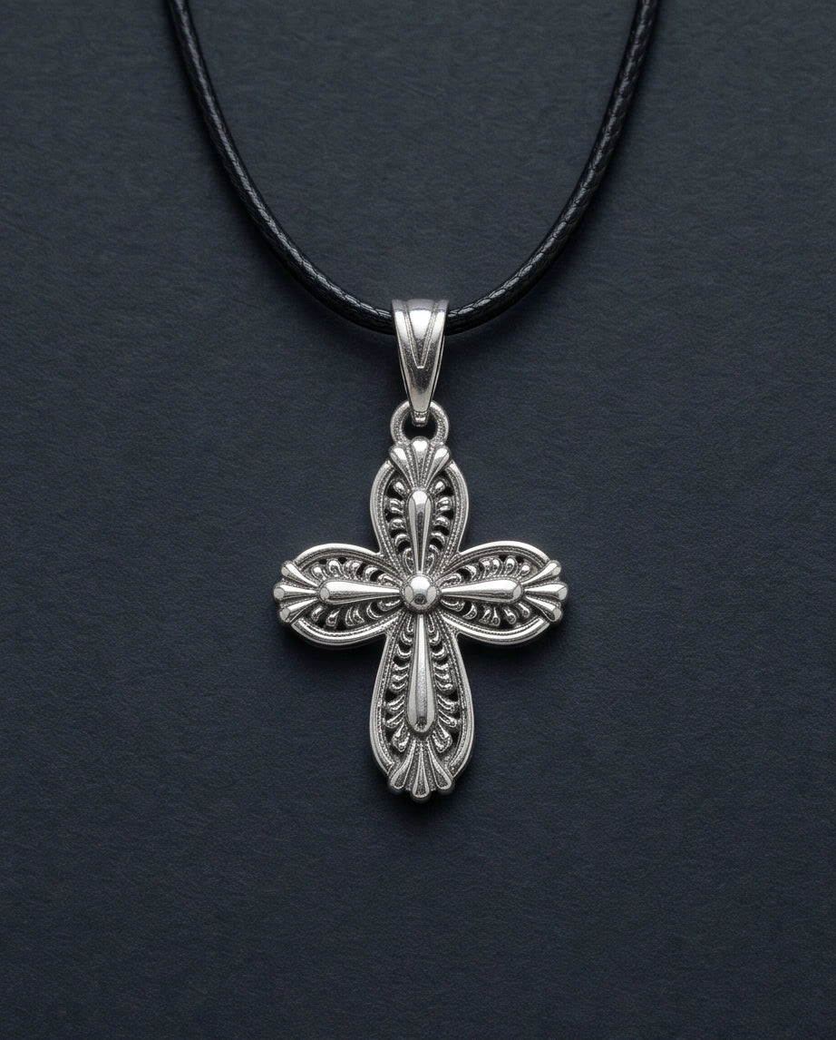 Silver Textured Petal Cross Necklace