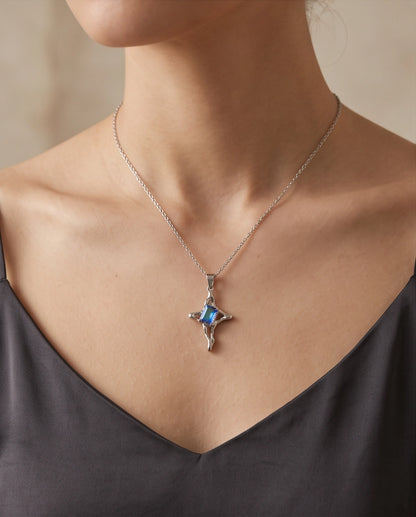 Silver Blue-Purple Gemstone Gothic Cross Pendant Necklace
