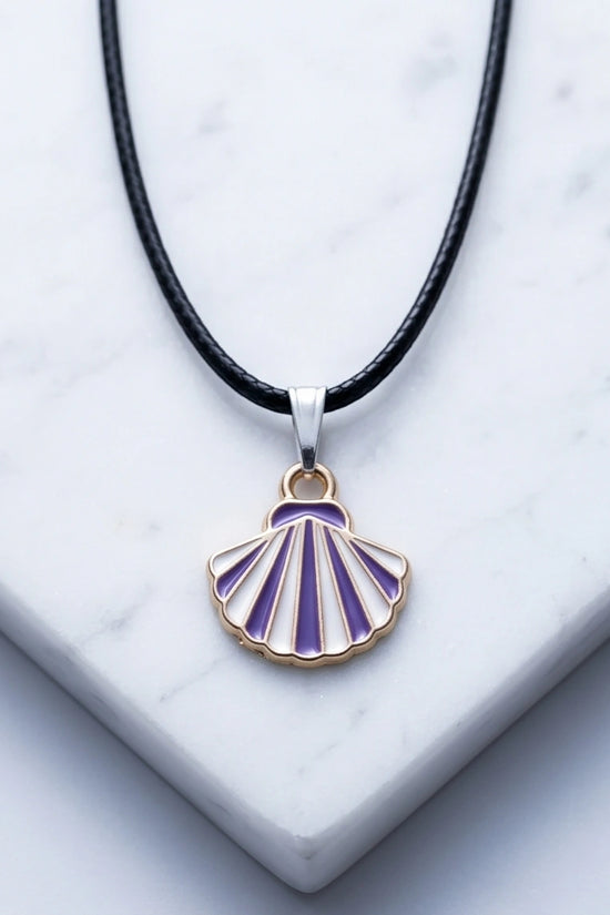Striped Purple and White Seashell Enamel Pendant Necklace