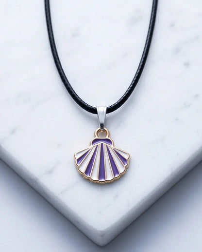 Striped Purple and White Seashell Enamel Pendant Necklace