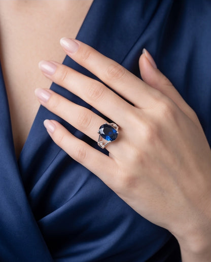 Silver Oval Sapphire Botanical Solitaire Ring