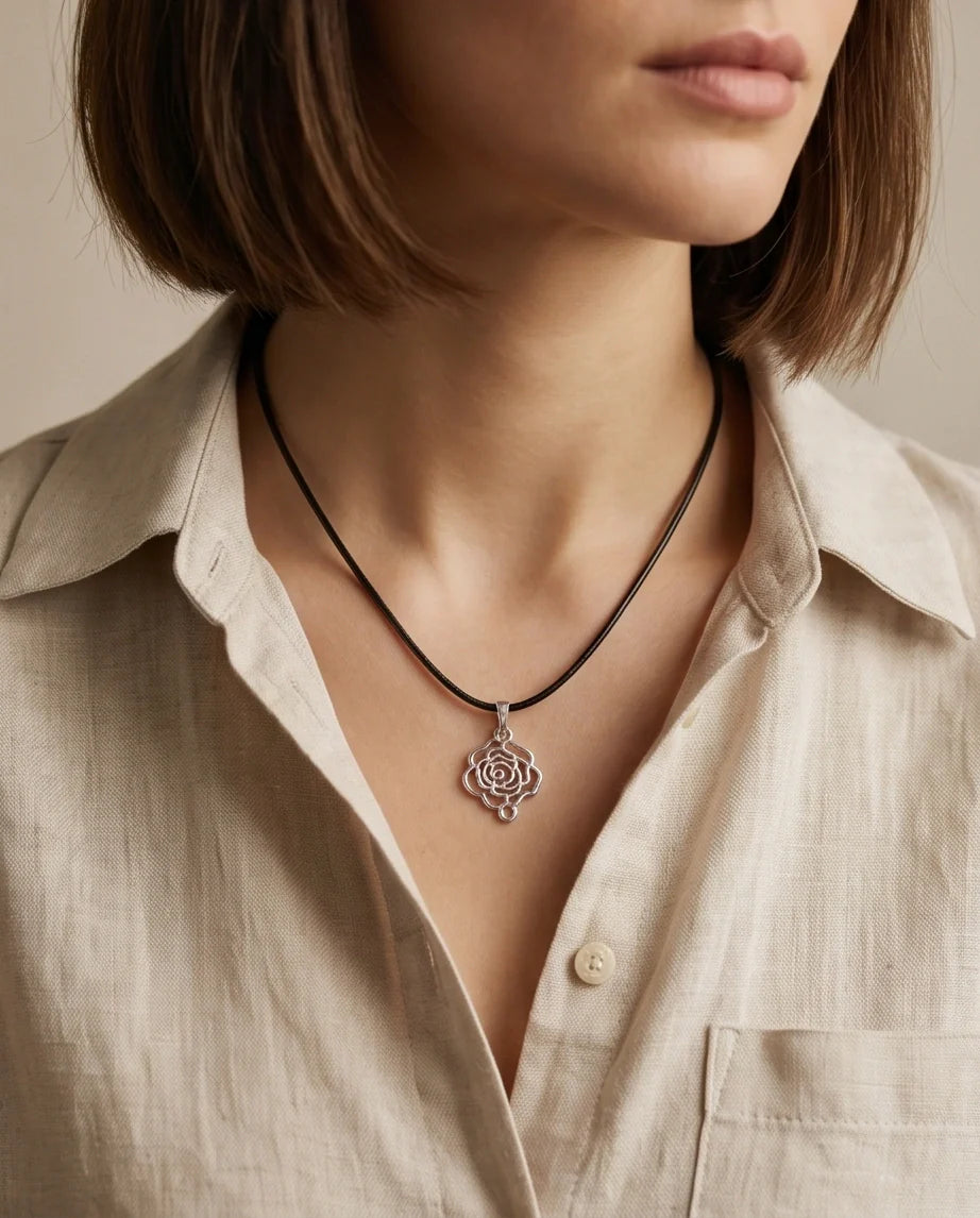 Silver Cutout Rose Pendant Necklace
