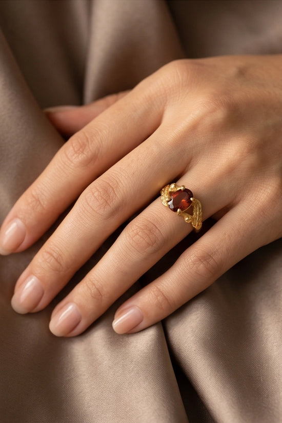 Golden Amber Garnet Botanical Leaf Ring