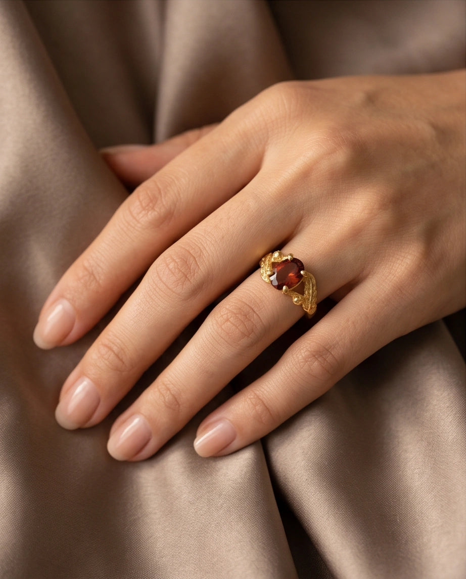 Golden Amber Garnet Botanical Leaf Ring