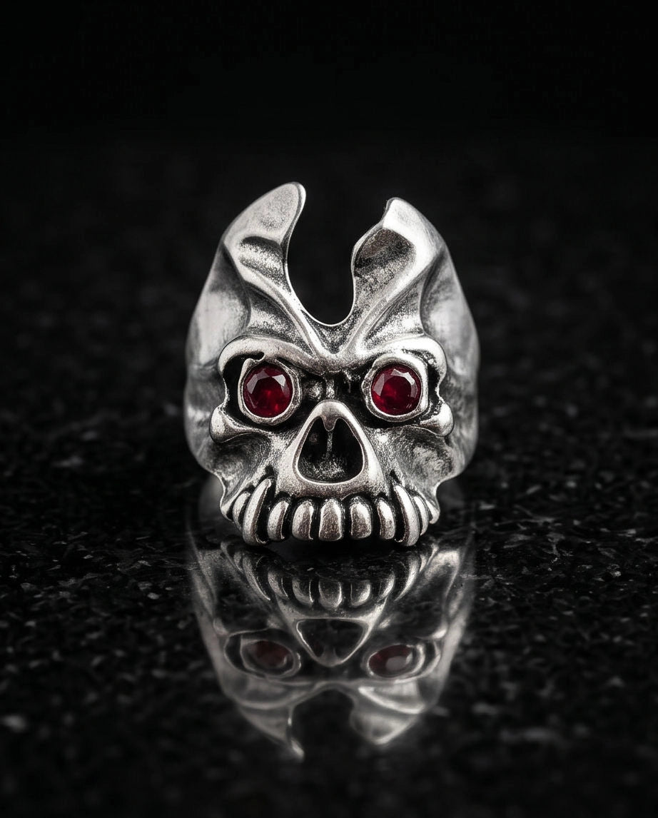Ruby-Eyed Horned Demon Skull Ring