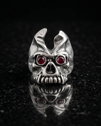Ruby-Eyed Horned Demon Skull Ring