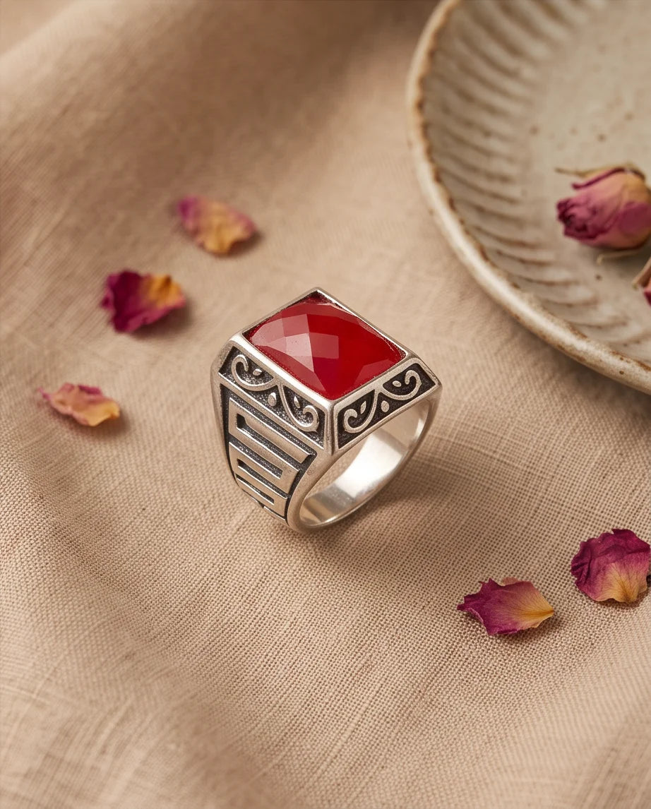 Scarlet Gemstone Filigree Bezel Rectangular Silver Ring