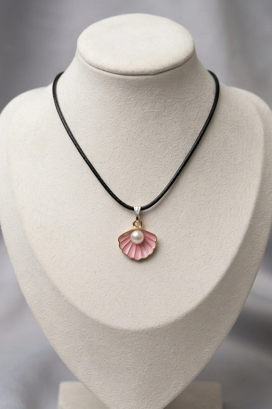 Pink Seashell Enamel Pendant Necklace with Faux Pearl