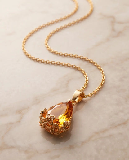 Gold Amber Teardrop Floral Basket Pendant Necklace