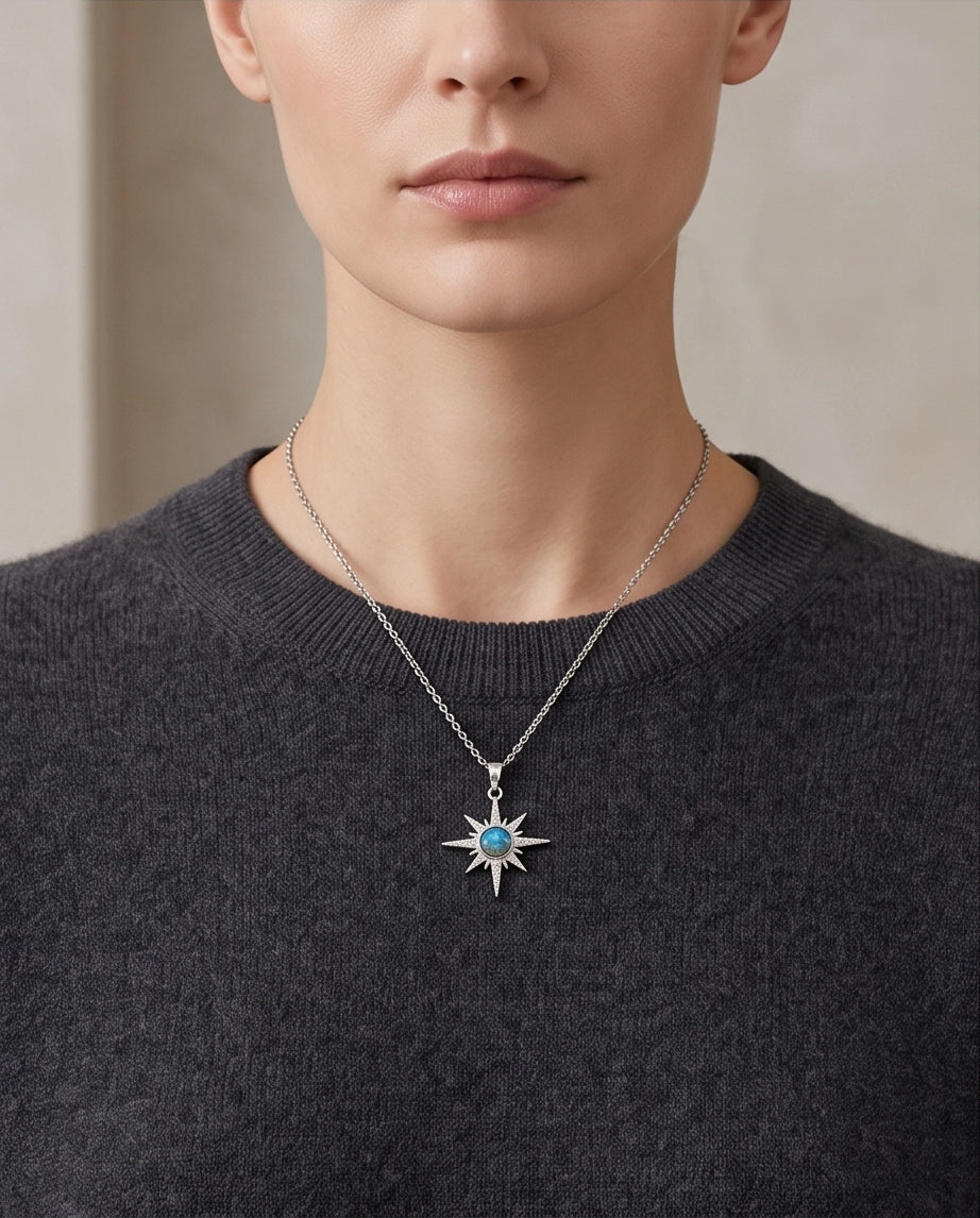 Silver Crystal Paved North Star Cosmic Orb Pendant Necklace