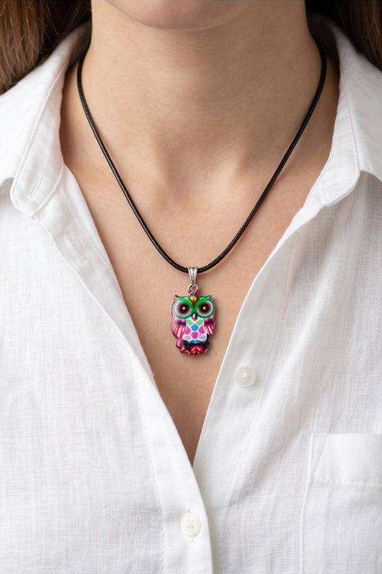 Vibrant Kaleidoscope Owl Totem Pendant Necklace