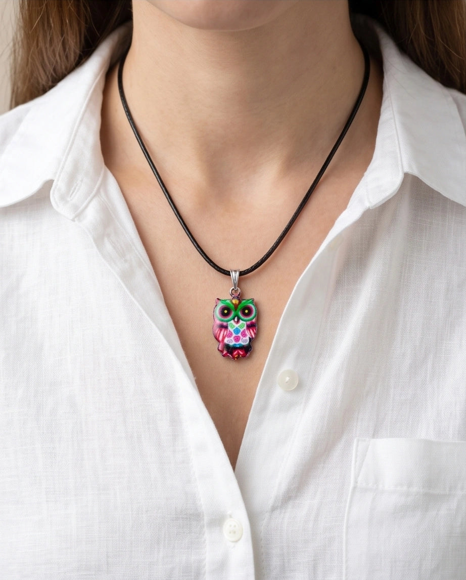 Vibrant Kaleidoscope Owl Totem Pendant Necklace