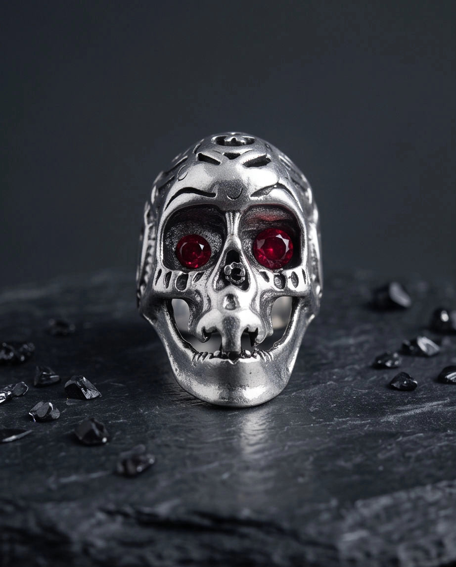 Ruby-Eyed Sculpted Sugar Skull Ring