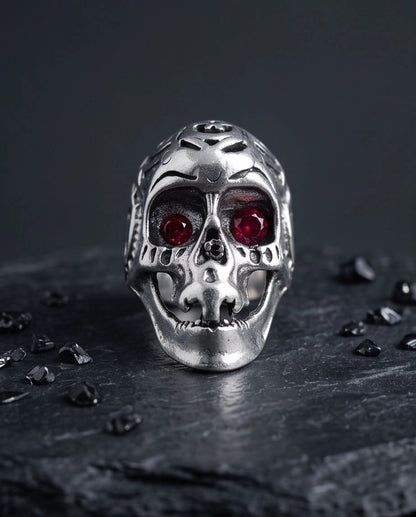 Ruby-Eyed Sculpted Sugar Skull Ring