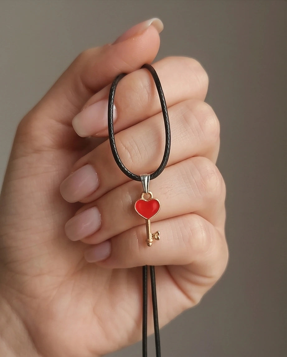 Gold and Red Heart Key Necklace