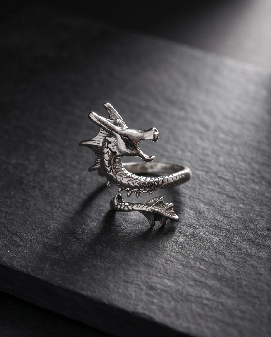 Polished Silver Sculpted Wyrm Dragon Wrap Ring