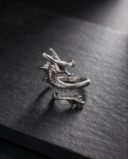 Polished Silver Sculpted Wyrm Dragon Wrap Ring