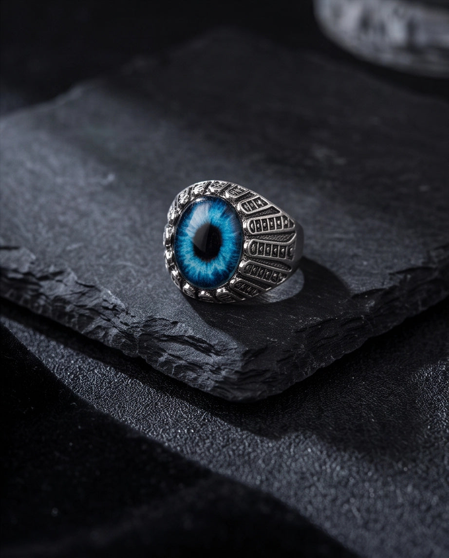Cerulean Evil Eye Cabochon Architectural Bezel Silver Ring